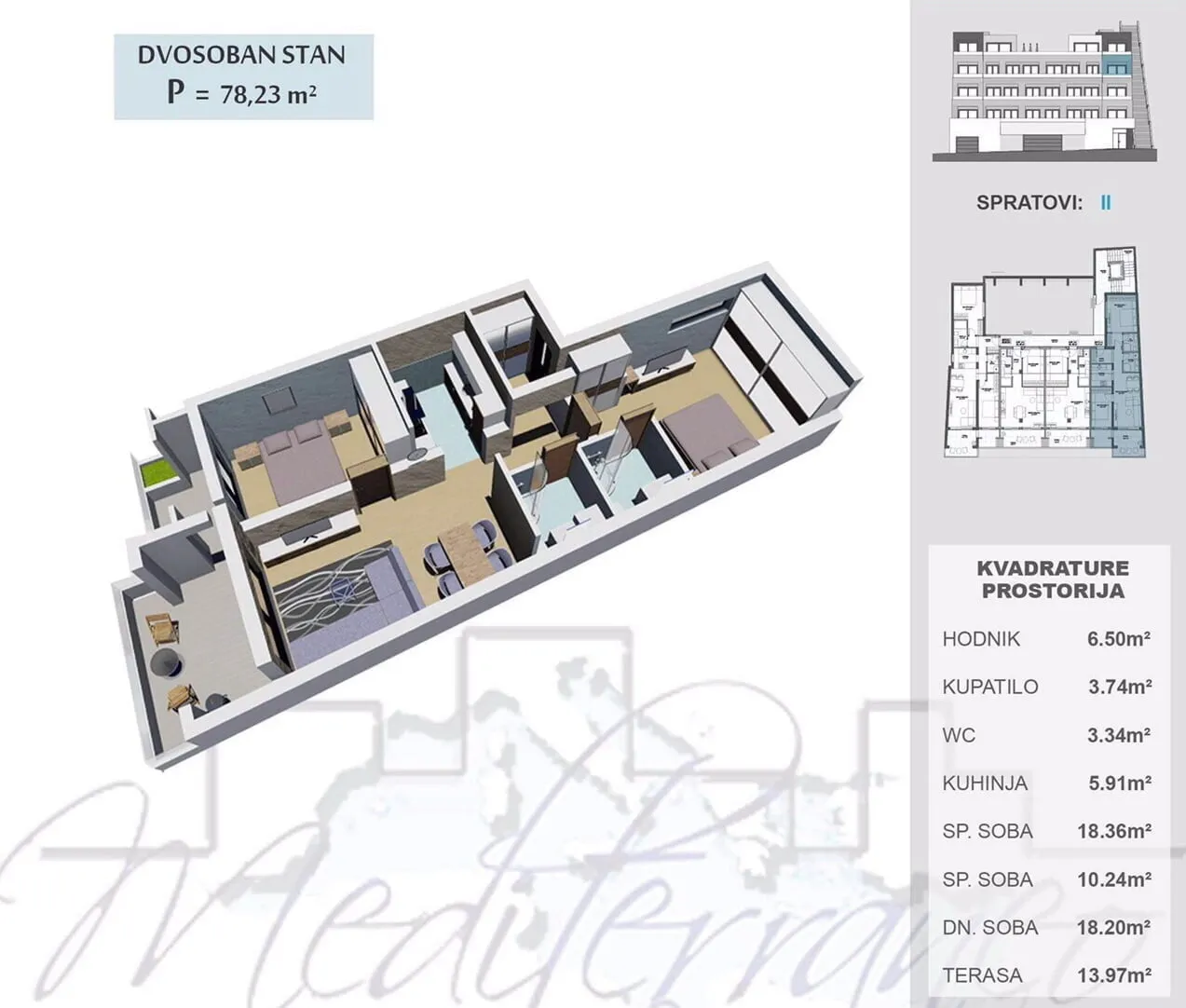 Plan architectural d'un appartement de deux pièces avec modèle 3D et surfaces.