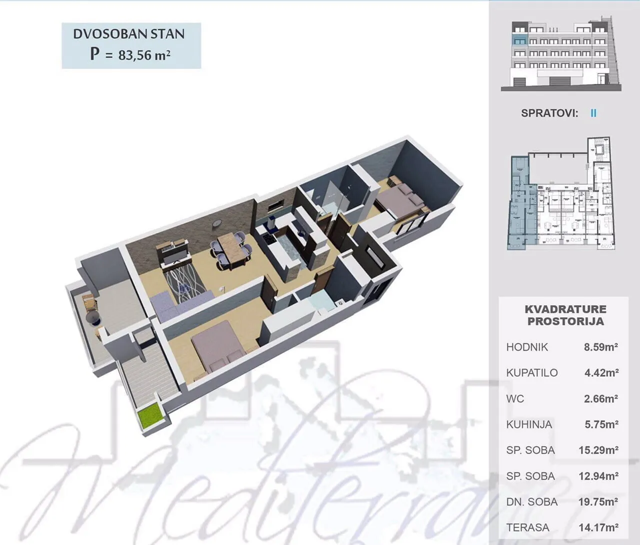 Plan 3D d'un appartement de deux pièces avec superficies.