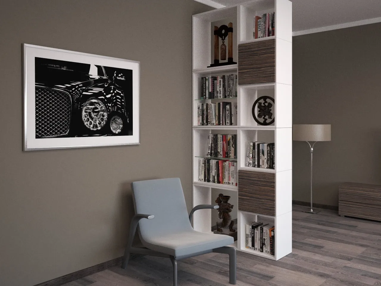 Modern living room in the Rafailovići residential complex, Montenegro: white bookcase, gray armchair, and painting in the interior.