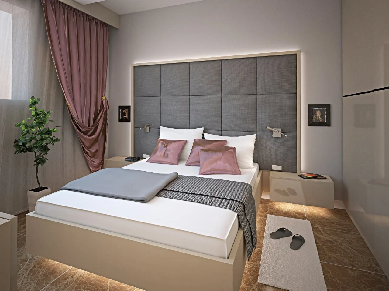 Modern bedroom in the Rafailovići residential complex, Montenegro: a double bed with a soft headboard and lighting, marble floor.