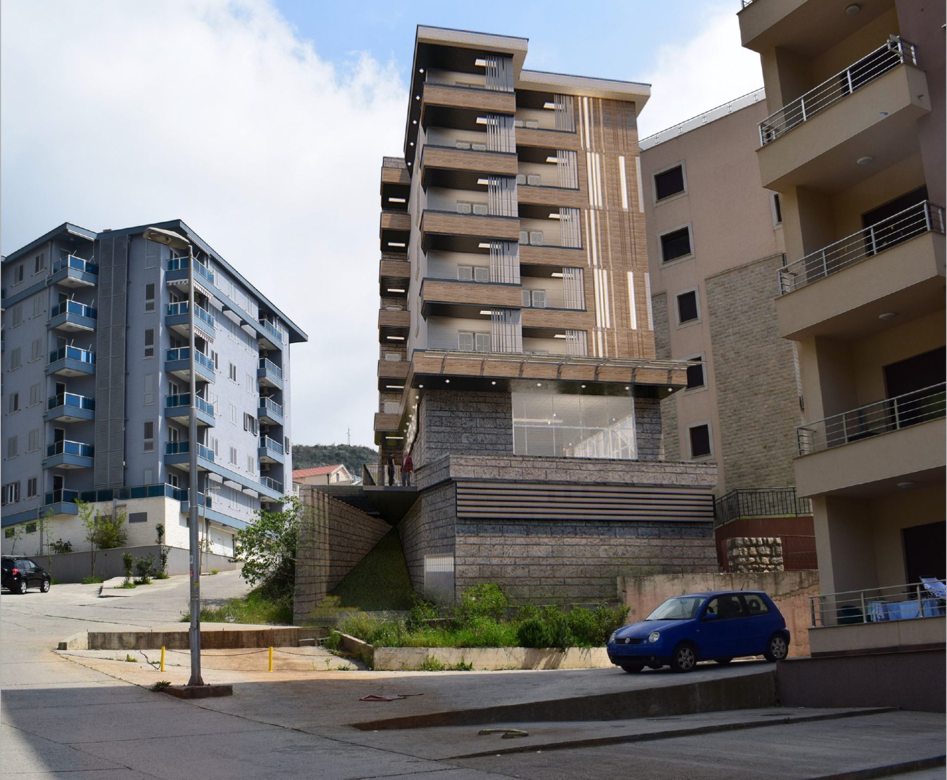 Pogled na višespratnu zgradu savremene arhitekture u gradskoj ulici