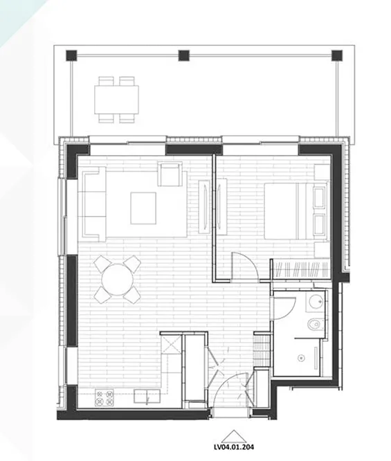 Grundriss des Apartments im Komplex Porto Novi, Kumbor, Montenegro: Wohnzimmer mit Küche, Schlafzimmer und Terrasse.