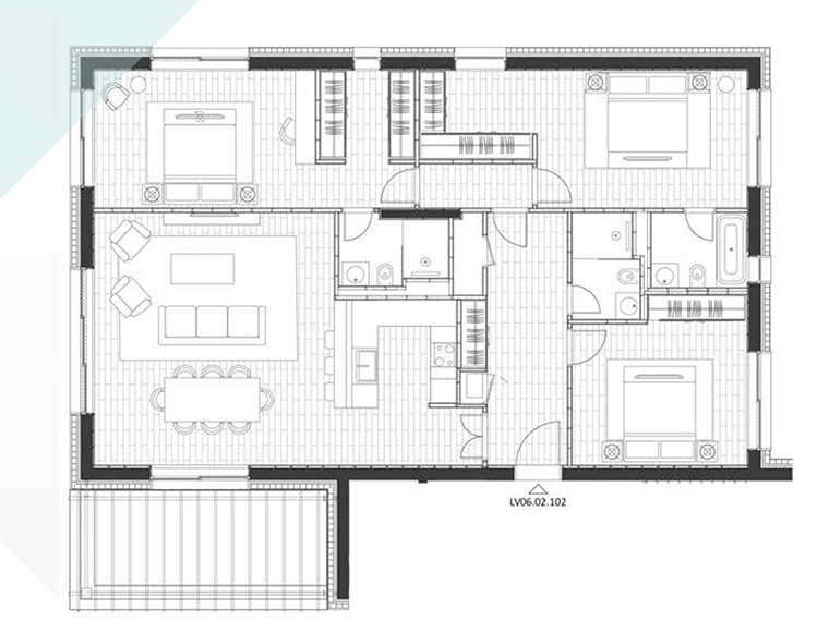 Porto Novi kompleksindeki dairenin planı, Kumbor, Karadağ: üç yatak odası, oturma odası, mutfak ve teras.