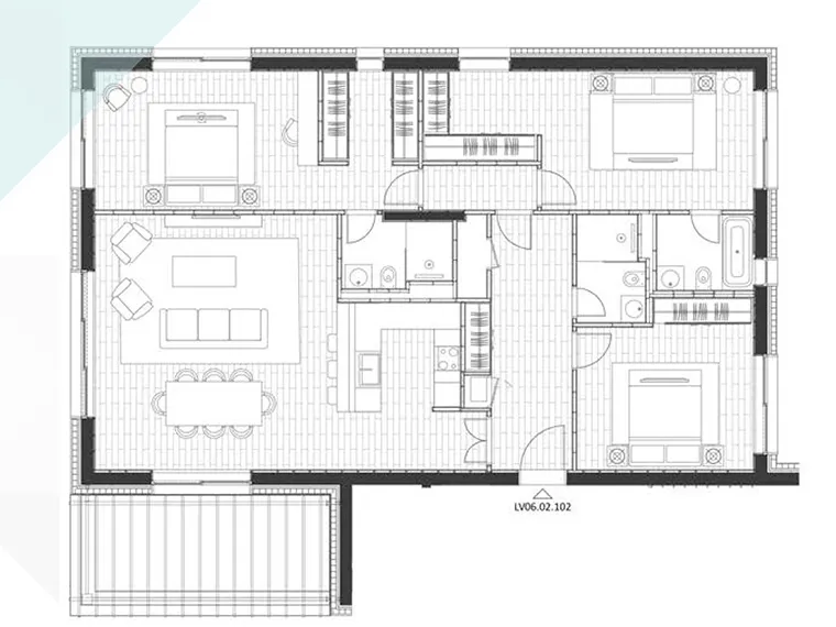 Grundriss der Apartments im Komplex Porto Novi, Kumbor, Montenegro: drei Schlafzimmer, Wohnzimmer, Küche und Terrasse.