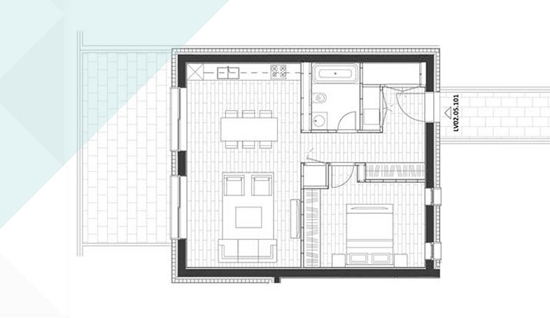 Porto Novi kompleksindeki dairenin planı, Kumbor, Karadağ: mutfaklı oturma odası, yatak odası ve banyo.