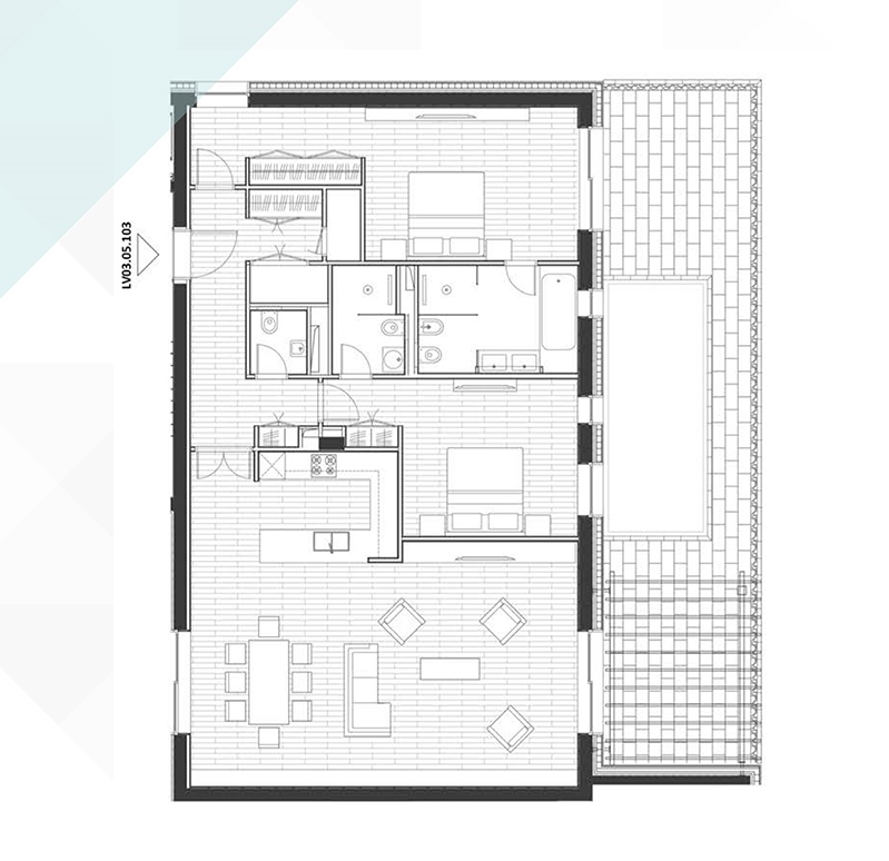 Porto Novi kompleksindeki dairenin planı, Kumbor, Karadağ: iki yatak odası, mutfak-salon ve teras.