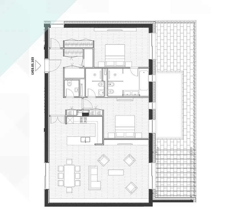 Grundriss der Apartments im Komplex Porto Novi, Kumbor, Montenegro: zwei Schlafzimmer, Wohnküche und Terrasse.