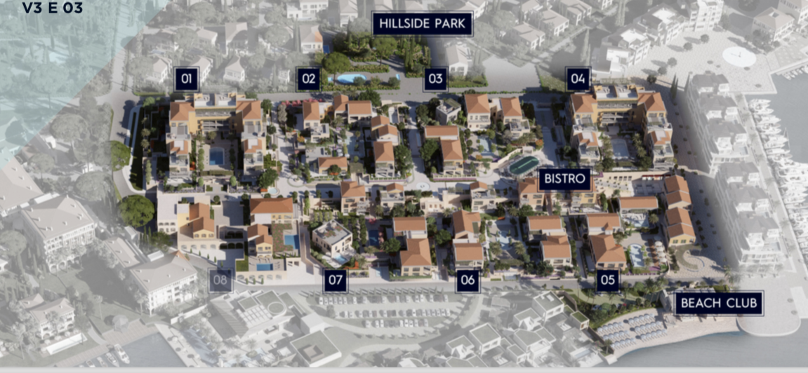 Karadağ, Kumbor’daki Porto Novi konut kompleksinin genel planı: villalar, havuzlar, park ve denize erişim.