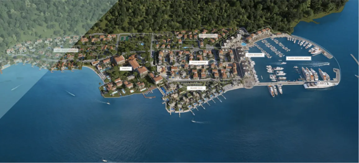 Masterplan des Komplexes Porto Novi in Kumbor, Montenegro: Villen, Residenzen und Yachthafen aus der Vogelperspektive