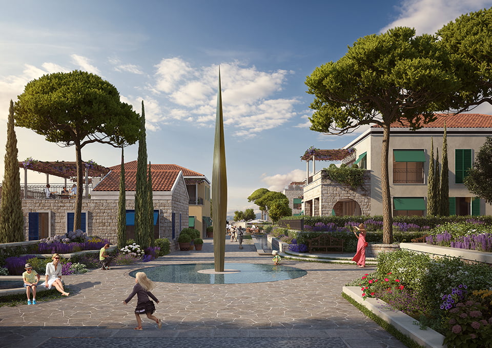 Çeşmeli ve peyzaj düzenlemeli bakımlı meydan, Porto Novi lüks kompleksinde, Kumbor, Karadağ.