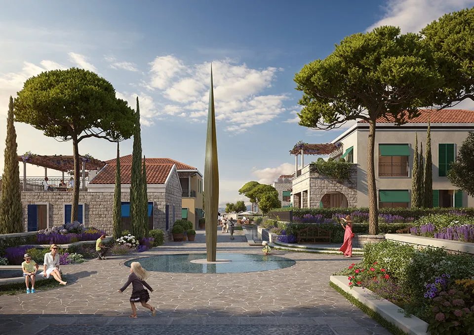 Gestalteter Platz mit Brunnen und Landschaftsgestaltung in der exklusiven Anlage Porto Novi, Kumbor, Montenegro.
