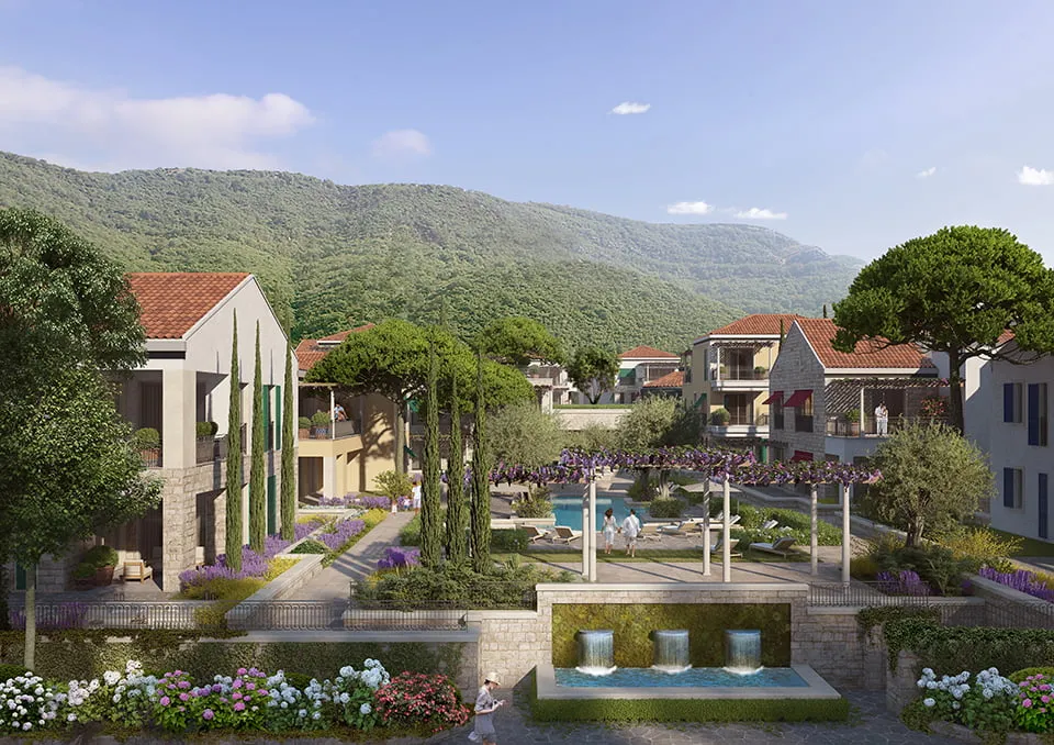 Exklusiver Wohnkomplex Porto Novi in Kumbor, Montenegro: Villen, Pool, Landschaftsgestaltung und Brunnen vor den Bergen.