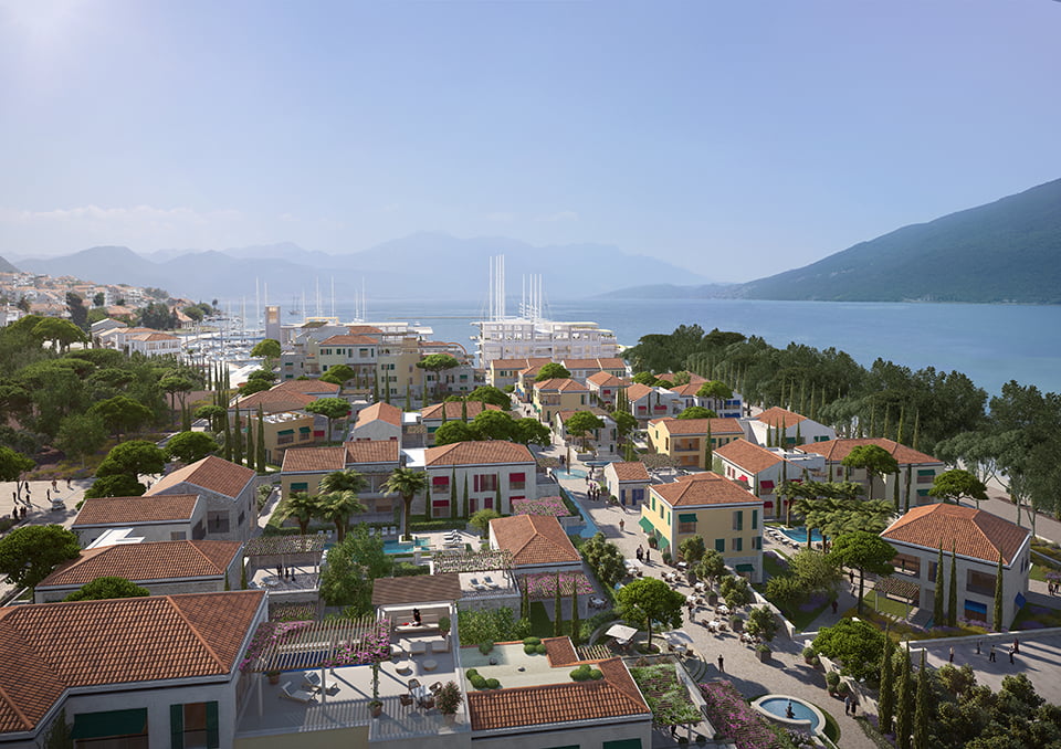 Karadağ, Kumbor’daki Porto Novi lüks konut kompleksinin görünümü: kiremit çatılı villalar, marina ve deniz körfezi.