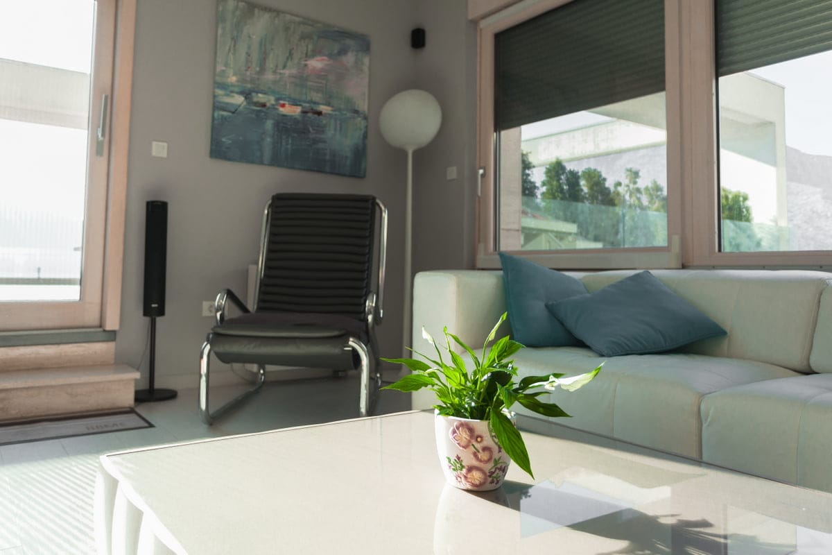 Salon moderne dans un appartement à Ljuta, Monténégro : canapé en cuir, fauteuil, fenêtres panoramiques et intérieur élégant.