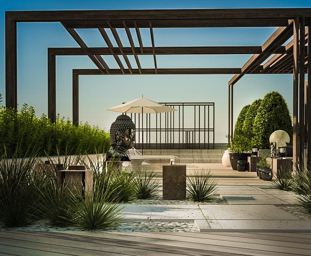 Terrace with a wooden pergola and a Buddha statue in a premium residential complex, Kotor, Montenegro.