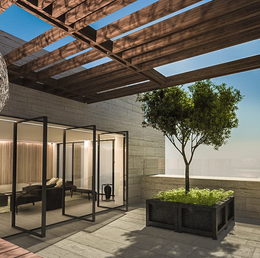 Terrace with a wooden pergola and a tree in a planter in a residential complex in Kotor, Montenegro. Modern exterior design.