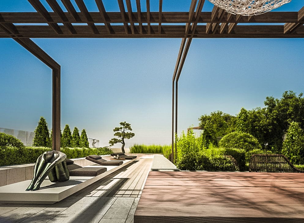 Terrace with a wooden pergola and sun loungers in a residential complex in Kotor, Montenegro: landscape design and relaxation area.