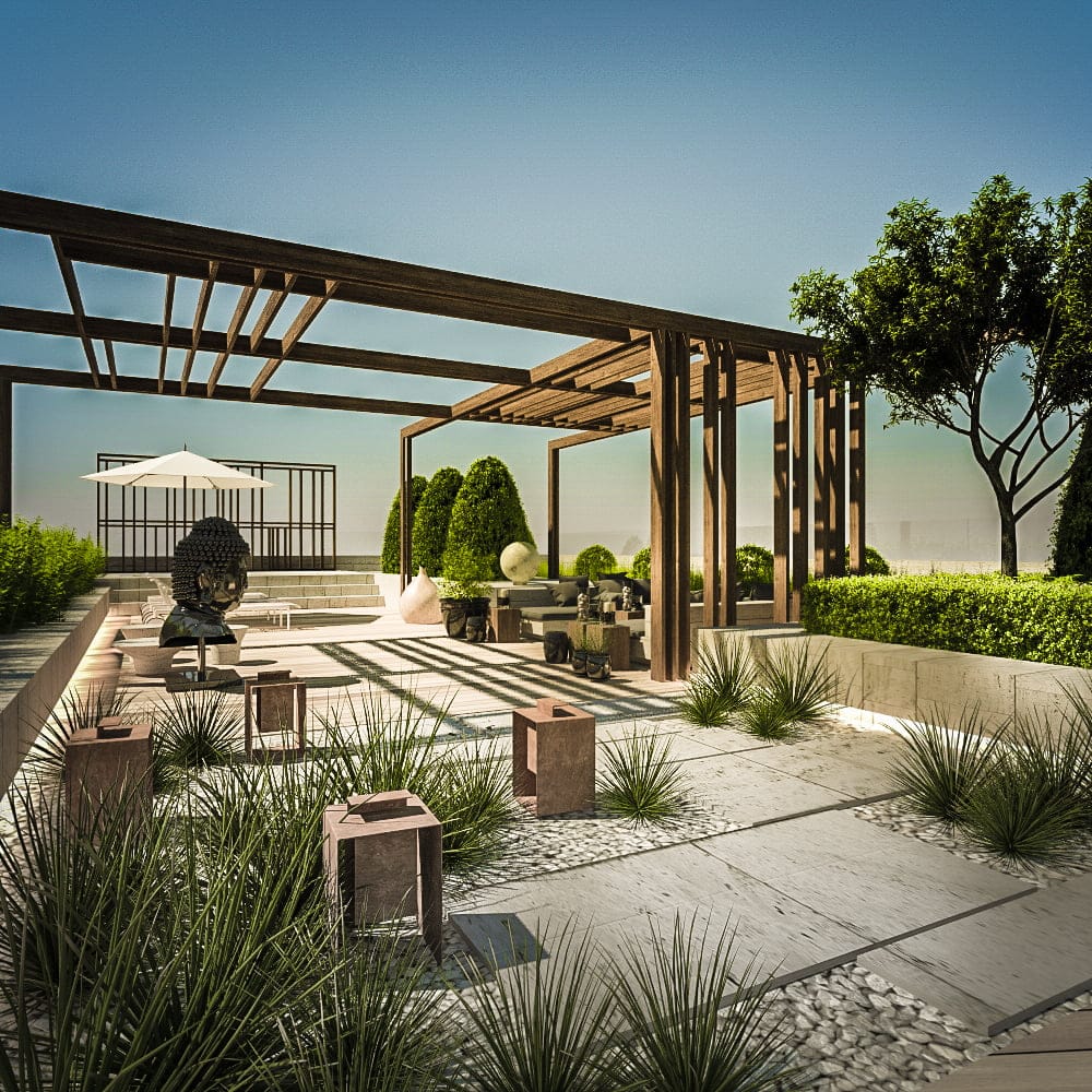 Terrace with a wooden pergola, landscaping, and a relaxation area in a residential complex in Kotor, Montenegro.