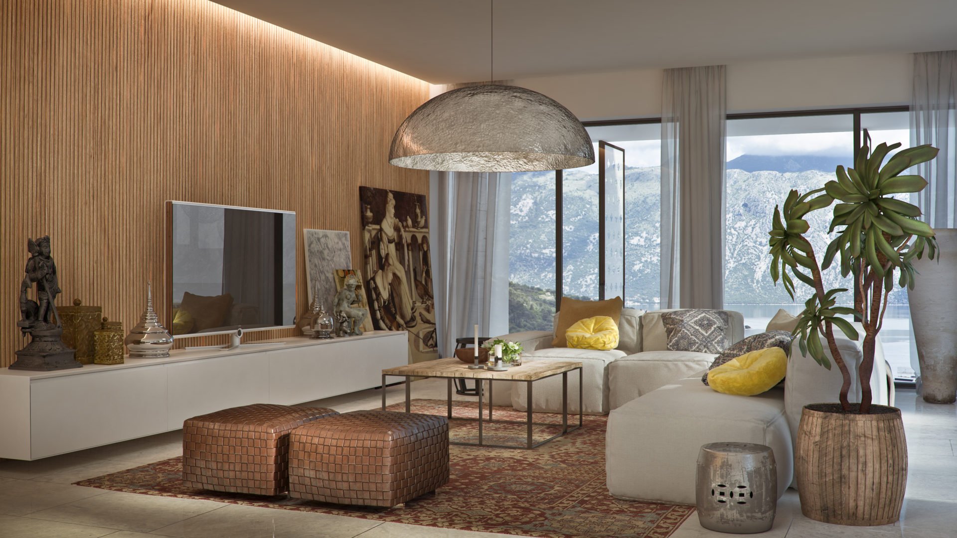 Modern living room in the Kotor residential complex, Montenegro: wooden panels, light-colored furniture, mountain and sea view, stylish decor.