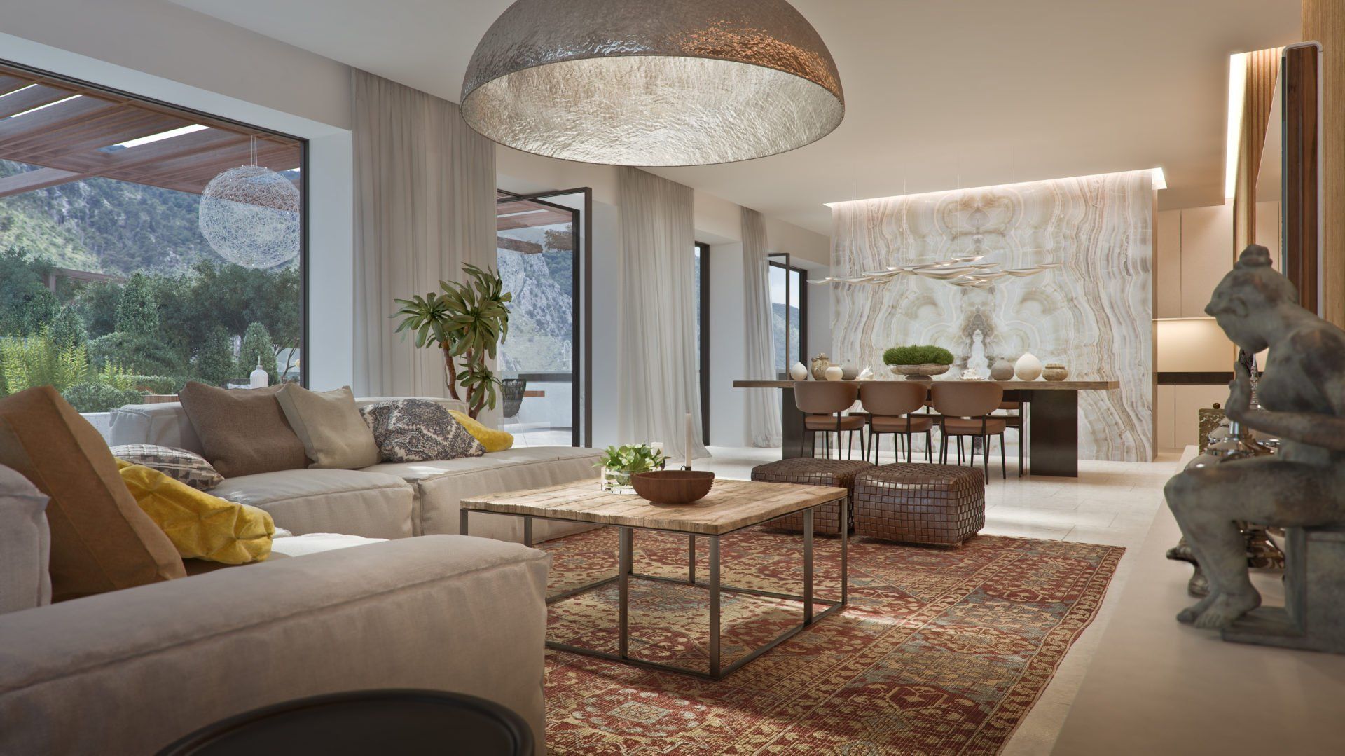 Luxurious living room with a marble wall and mountain view in a residential complex in Kotor, Montenegro. Designer interior.