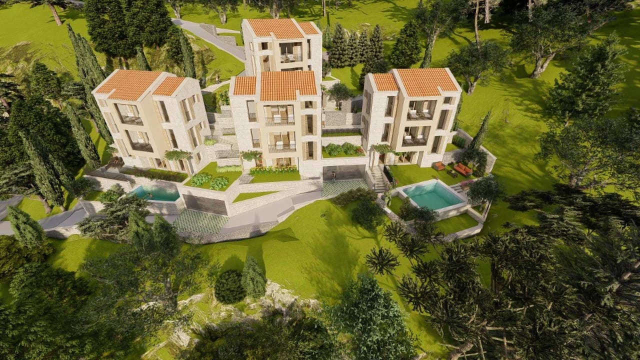 Wizualizacja projektu willi w stylu śródziemnomorskim z basenami i tarasami w Kamenovo, Czarnogóra.