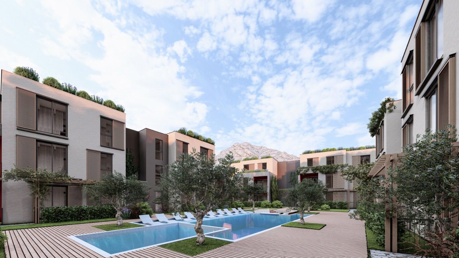 Piscine et espace détente dans un complexe résidentiel à Radanovici, Monténégro : architecture moderne et vue sur les montagnes.