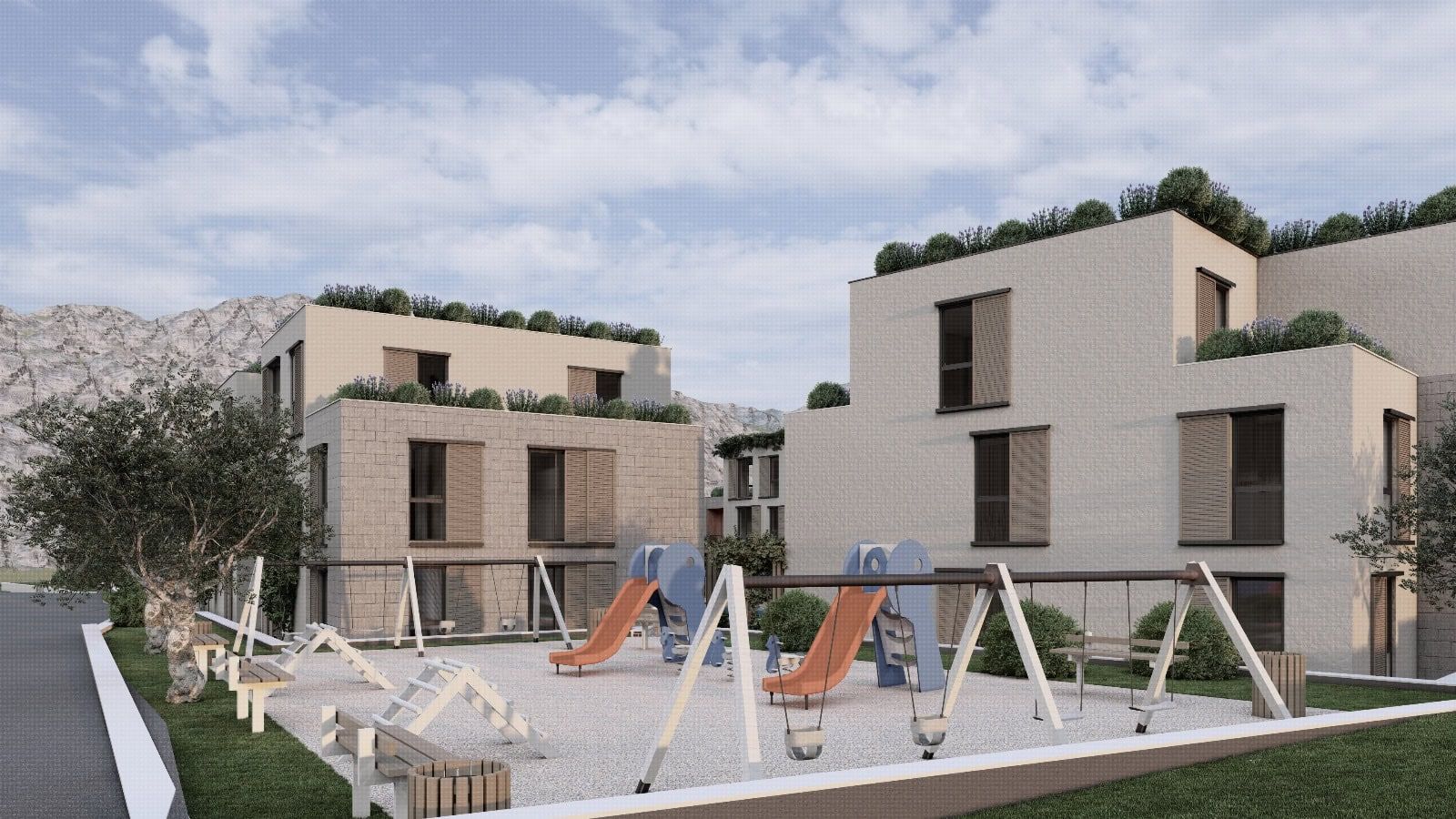 Complexe résidentiel moderne à Radanovici, Monténégro : aire de jeux pour enfants, végétalisation des toits et paysage montagneux.
