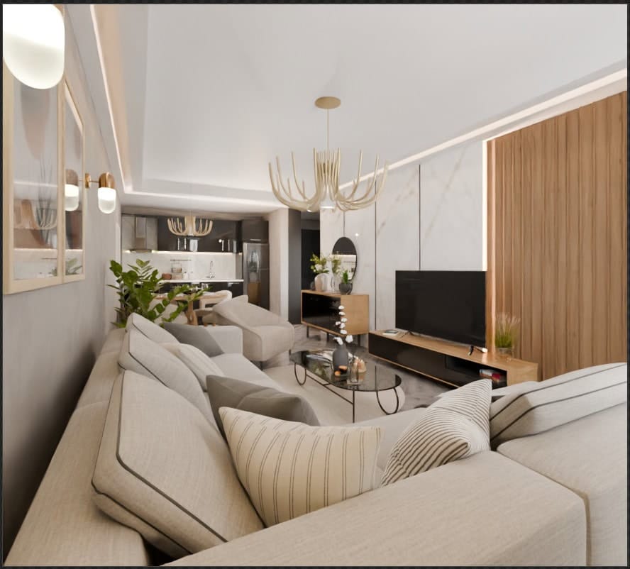 Salon moderne avec lustre design et mobilier moelleux dans une résidence à Radanovici, Monténégro : intérieur avec finition en bois