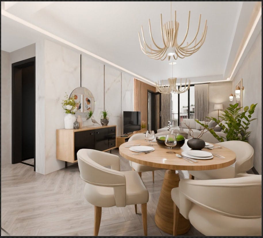 Salon moderne avec coin repas dans le complexe résidentiel Radanovici, Monténégro : mobilier design, finitions en marbre et décoration.