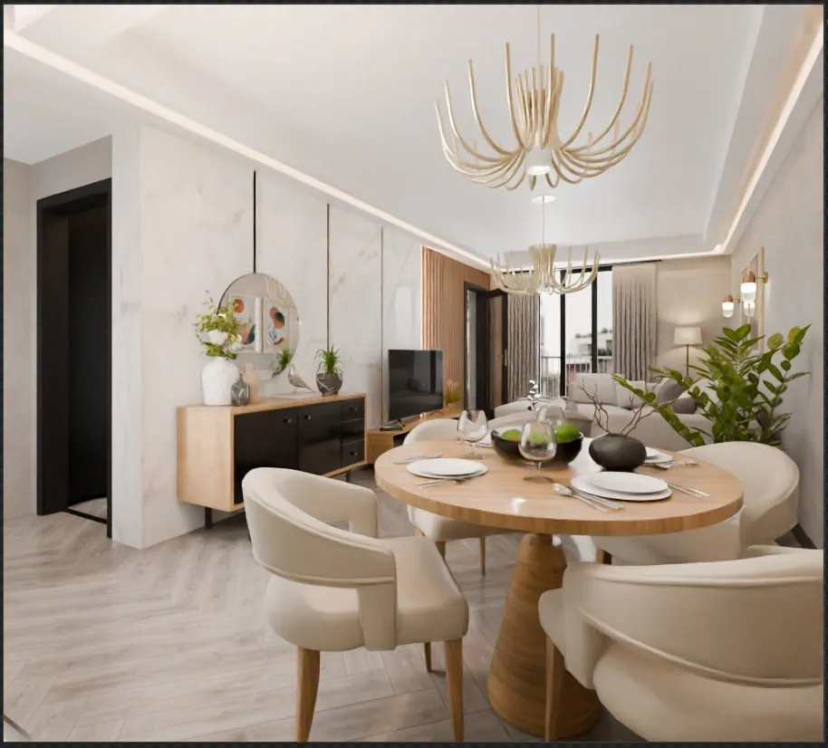 Modernes Wohnzimmer mit Essbereich in der Wohnanlage Radanovici, Montenegro: Designermöbel, Marmorverkleidung und Dekor.