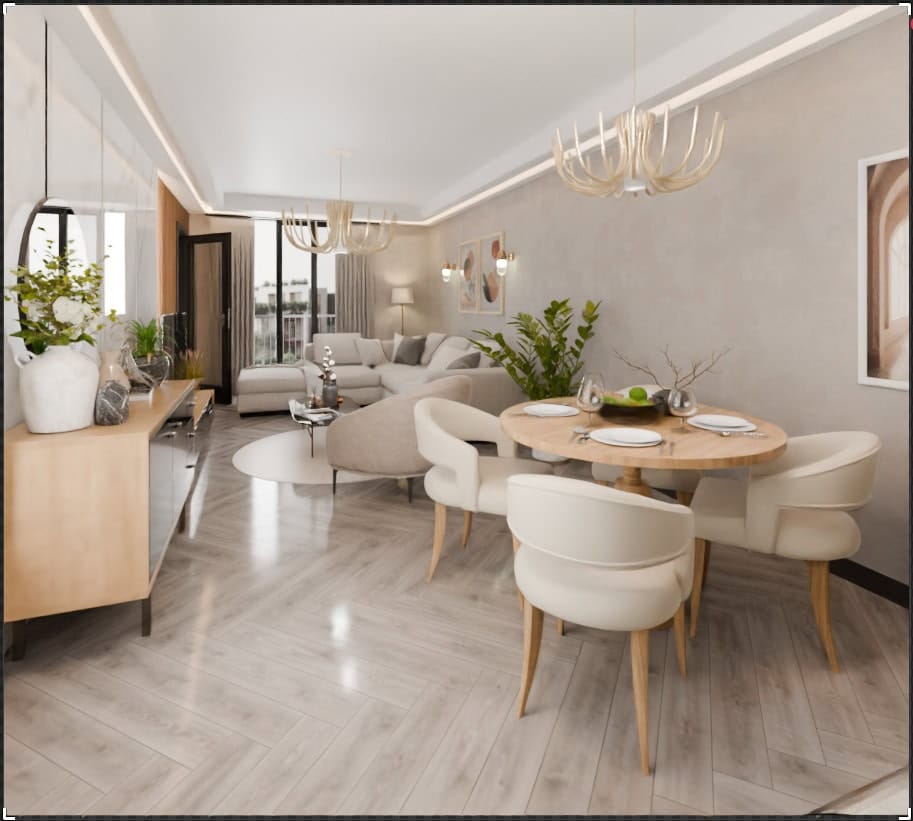 Salon moderne avec coin repas dans le ЖК Radanovichi, Monténégro : mobilier clair, parquet en chevrons et décoration élégante.