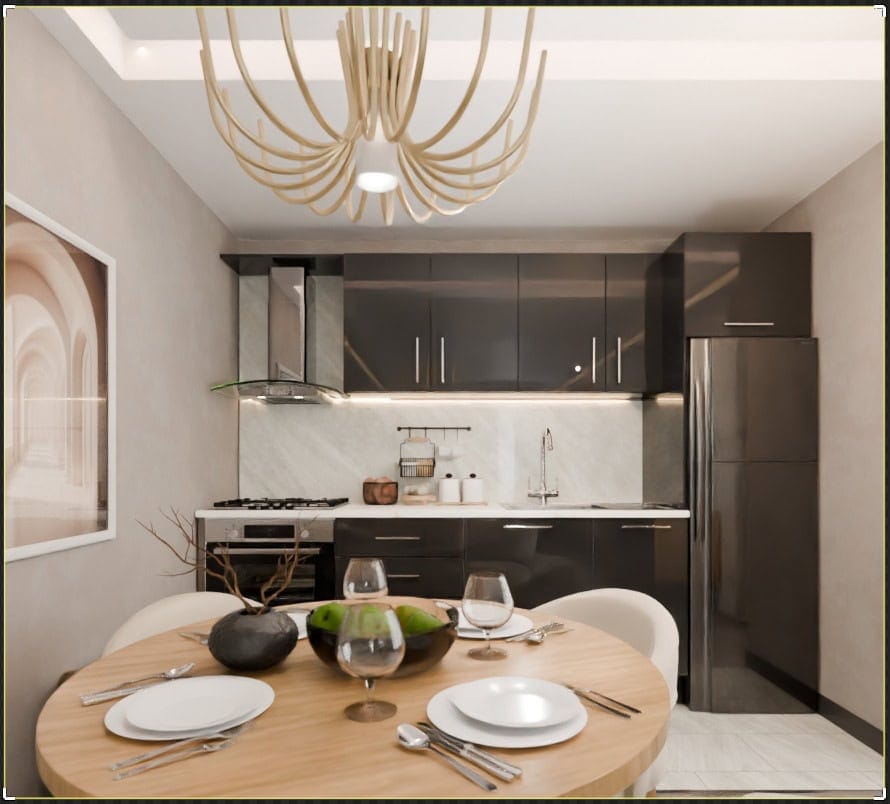 Cuisine moderne avec mobilier sombre et coin repas dans le complexe résidentiel Radanovici, Monténégro. Intérieur design de l’appartement.