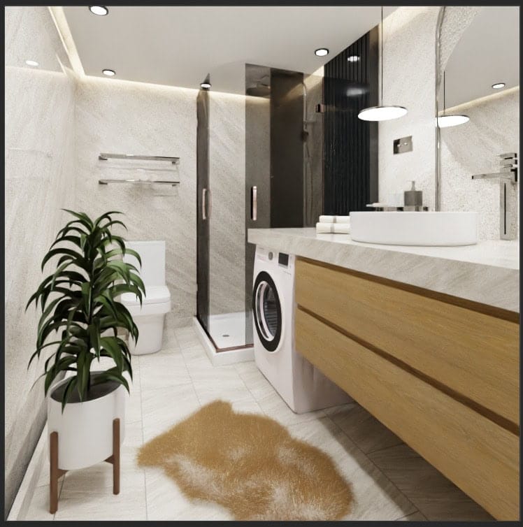Salle de bains moderne avec cabine de douche et machine à laver dans le ЖК Radanovichi, Monténégro. Intérieur lumineux.