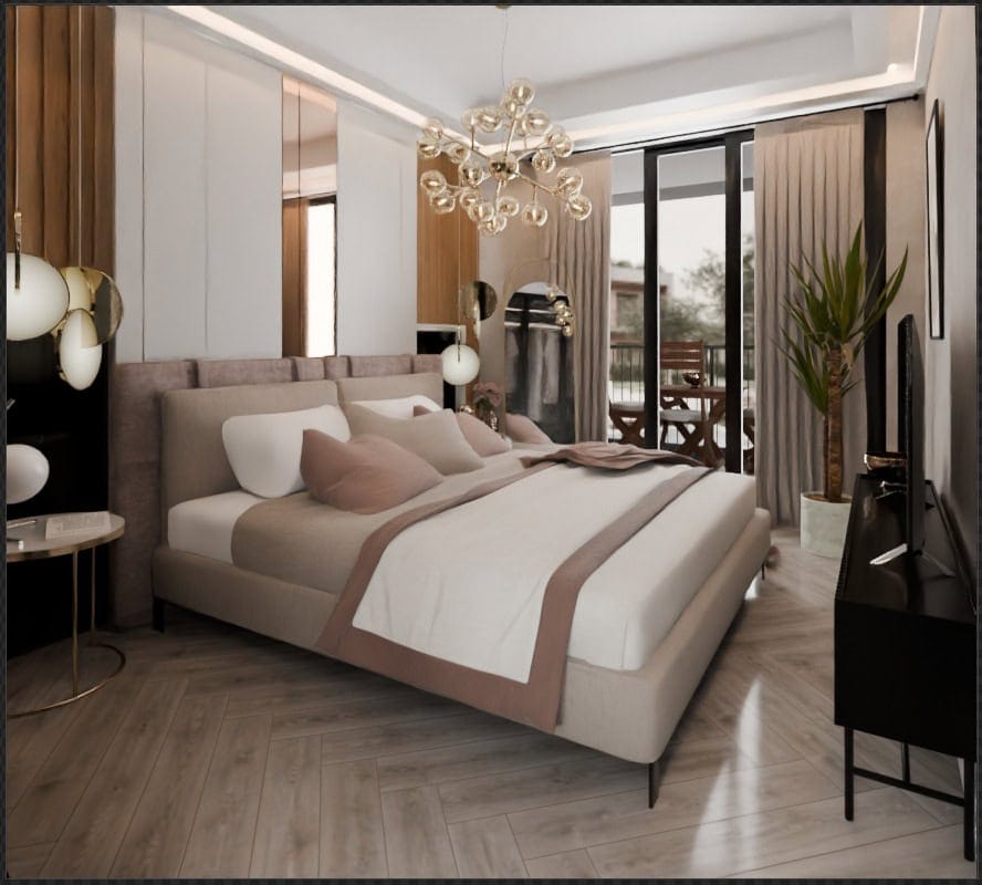 Chambre moderne avec lit double dans le complexe résidentiel Radanovici, Monténégro : intérieur élégant, parquet et accès à la terrasse.