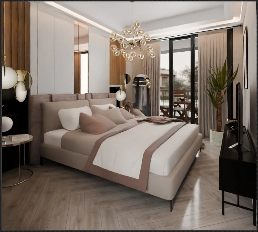 Modernes Schlafzimmer mit Doppelbett in der Wohnanlage Radanovici, Montenegro: stilvolles Interieur, Parkett und Zugang zur Terrasse.