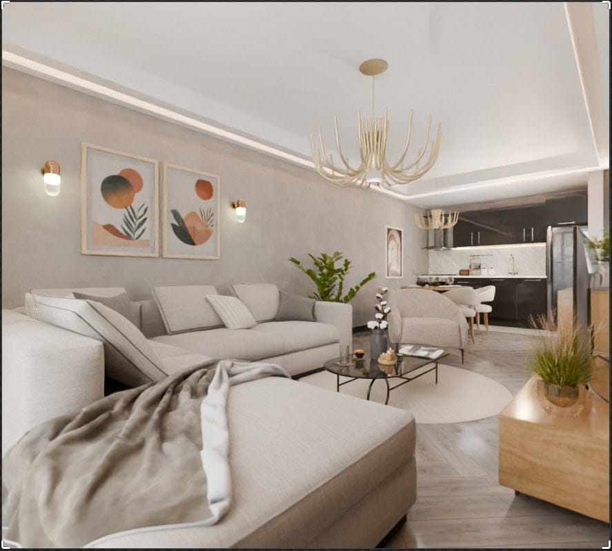 Salon moderne avec canapé beige et cuisine dans le ЖК Radanovichi, Monténégro : intérieur élégant, lustre design.