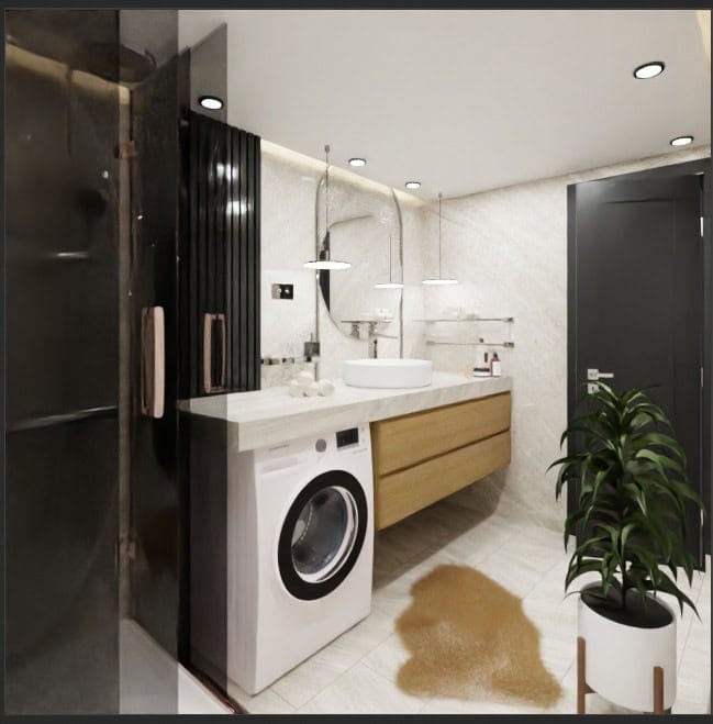 Salle de bains moderne dans le ЖК Радановичи, Monténégro : mobilier élégant, machine à laver intégrée et douche.
