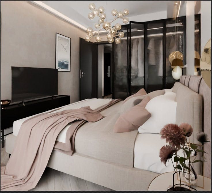 Chambre moderne dans le complexe résidentiel Radanovici, Monténégro : lit double, armoire vitrée et lustre design.