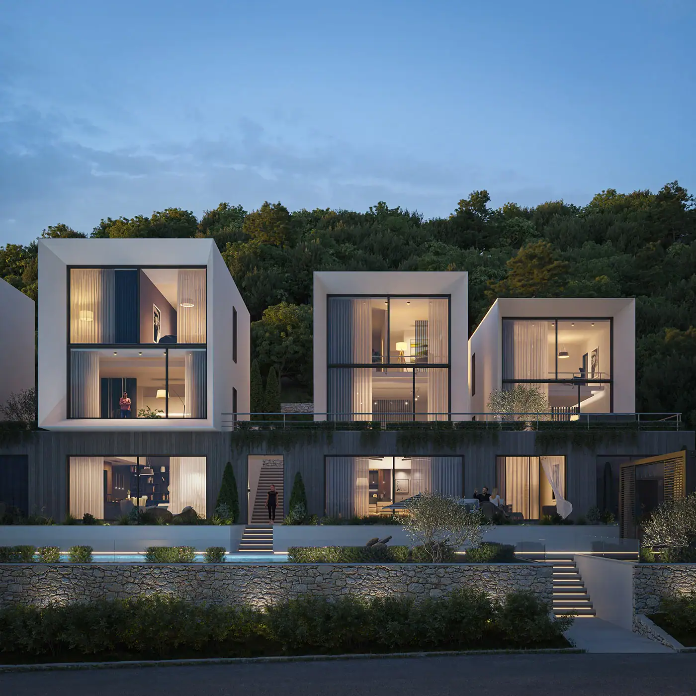 Panoramik pencereli, teraslı ve havuzlu modern villalar, konut kompleksinde, Luštica, Karadağ.