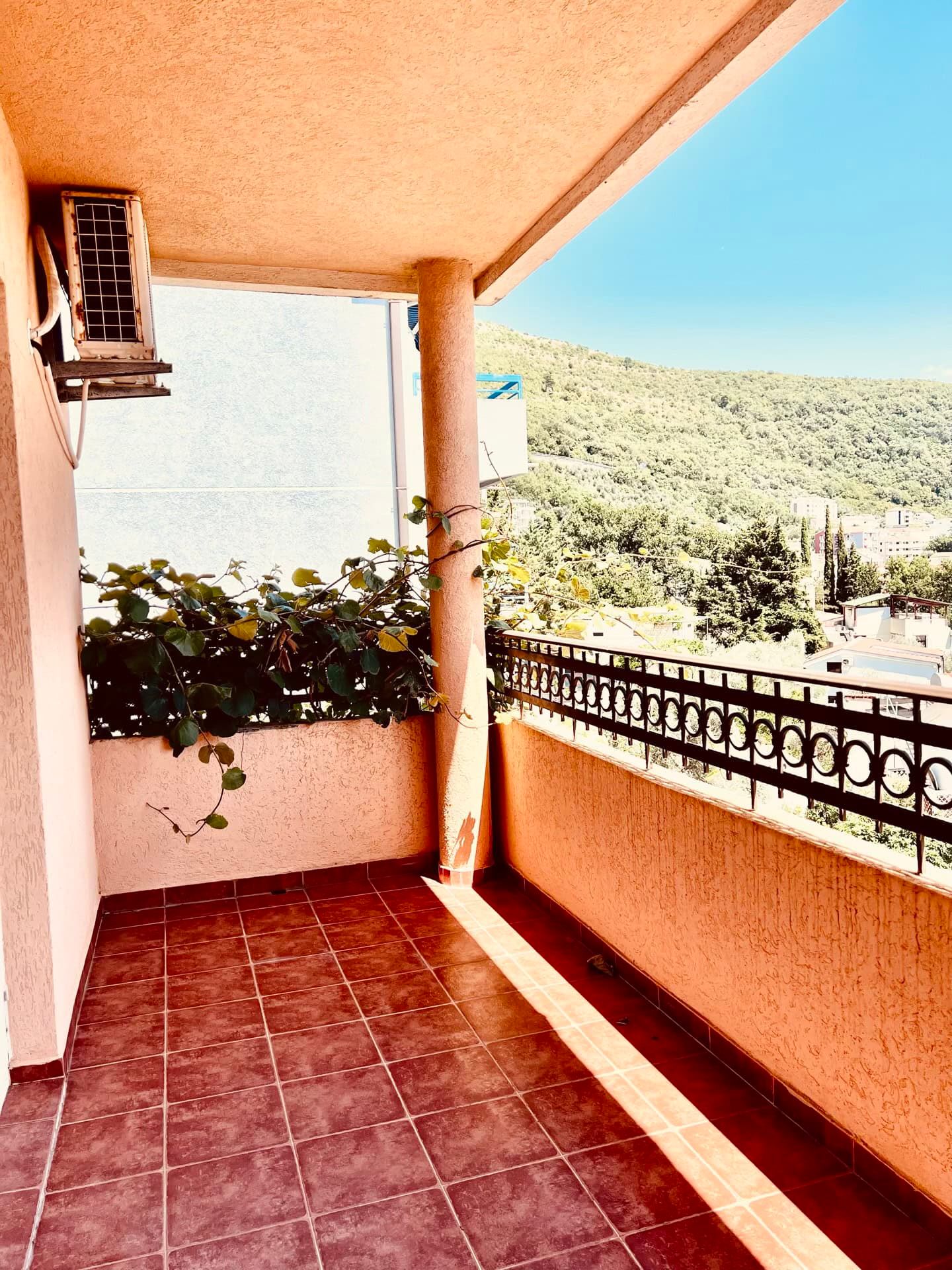 Spacieux balcon avec vue sur les montagnes dans un appartement à Petrovac, Monténégro : sol carrelé, garde-corps en fer forgé et verdure.