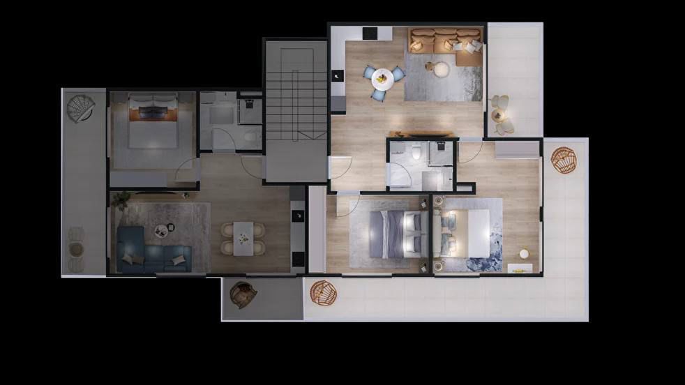 Grundriss der Wohnung in Tivat, Montenegro: 3 Schlafzimmer, ein geräumiges Wohnzimmer, Küche und möblierte Terrassen.