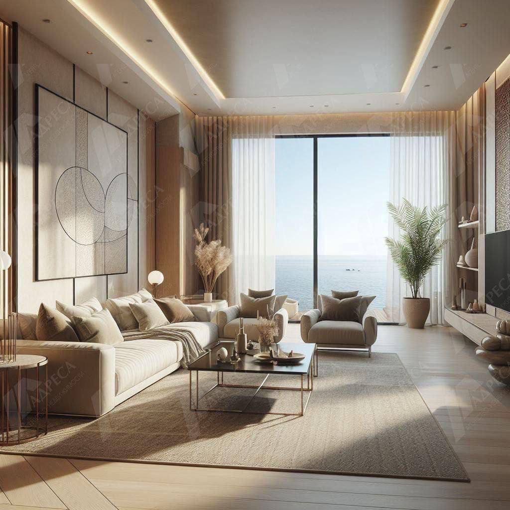 Modernes Wohnzimmer in einer Wohnung in Tivat, Montenegro: Panoramafenster mit Meerblick, stilvolle Möbel und Dekor.