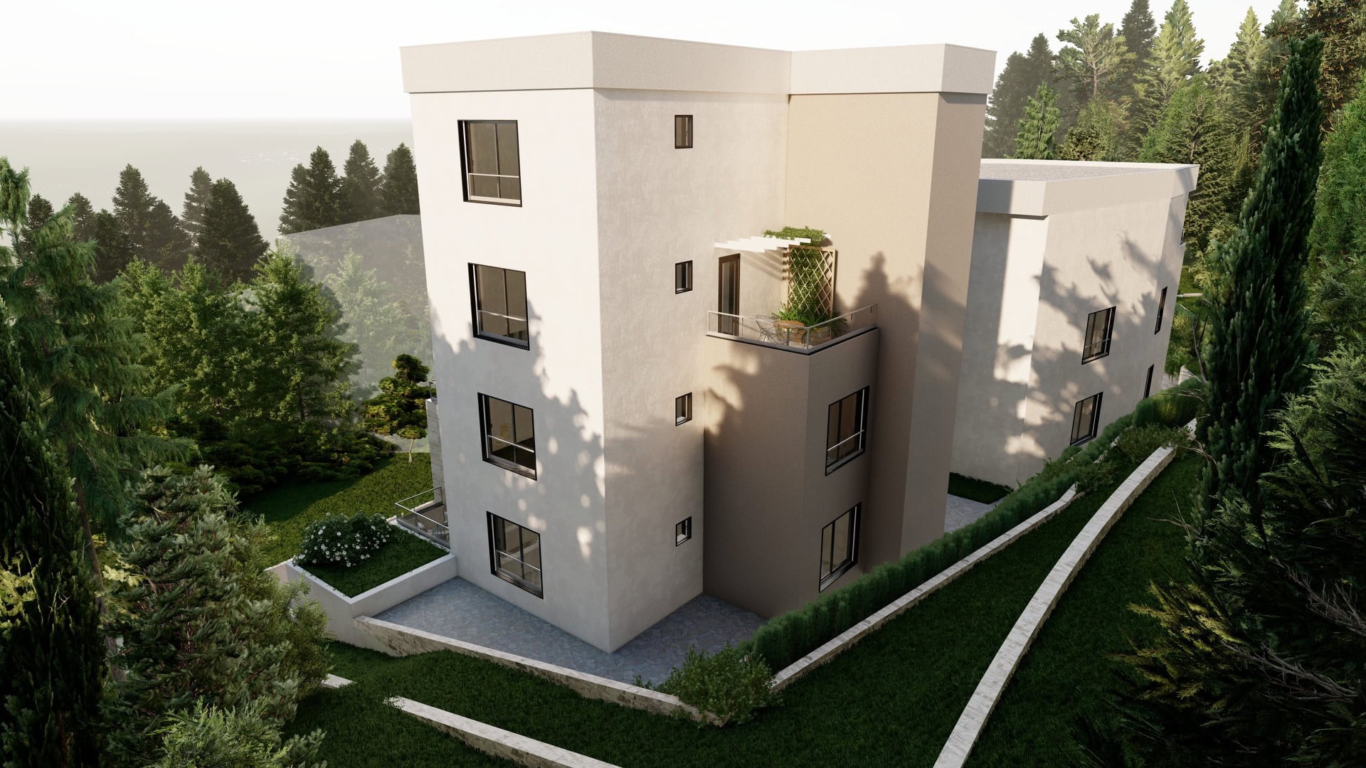Moderner Wohnkomplex in Tivat, Montenegro: dreistöckiges Gebäude mit Terrassen, Panoramafenstern und Landschaftsgestaltung.