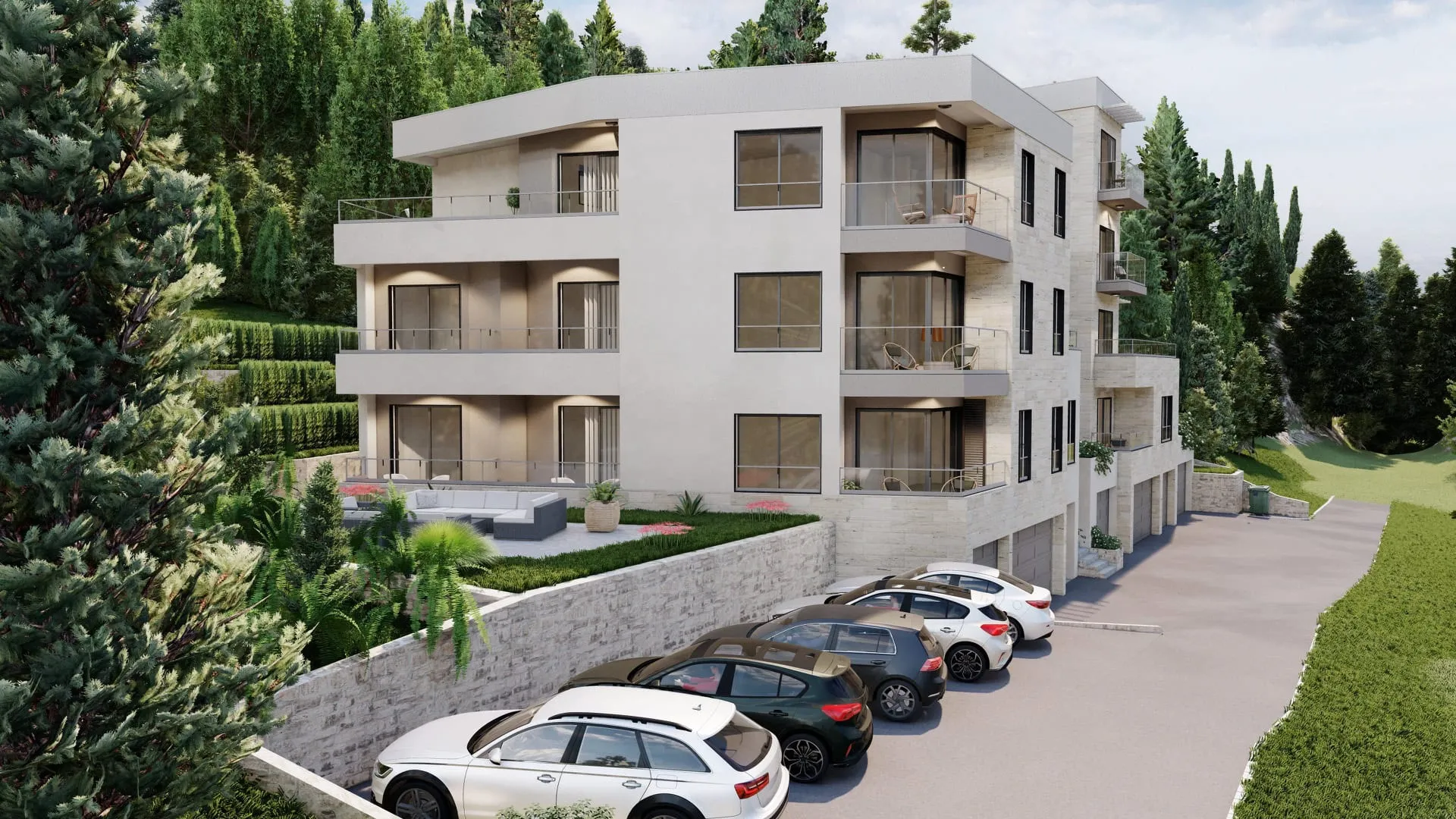 Spoljašnji izgled moderne višespratne stambene zgrade sa terasama, parkiralištem i okružen biljkom.