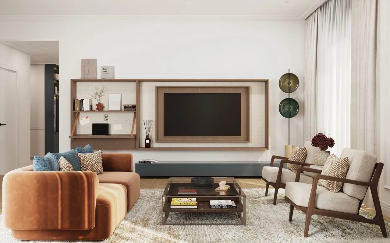 Modernes Wohnzimmer in einer Wohnung in Porto Montenegro, Tivat, Montenegro: terrakottafarbenes Sofa, Sessel und TV-Bereich mit Dekor.
