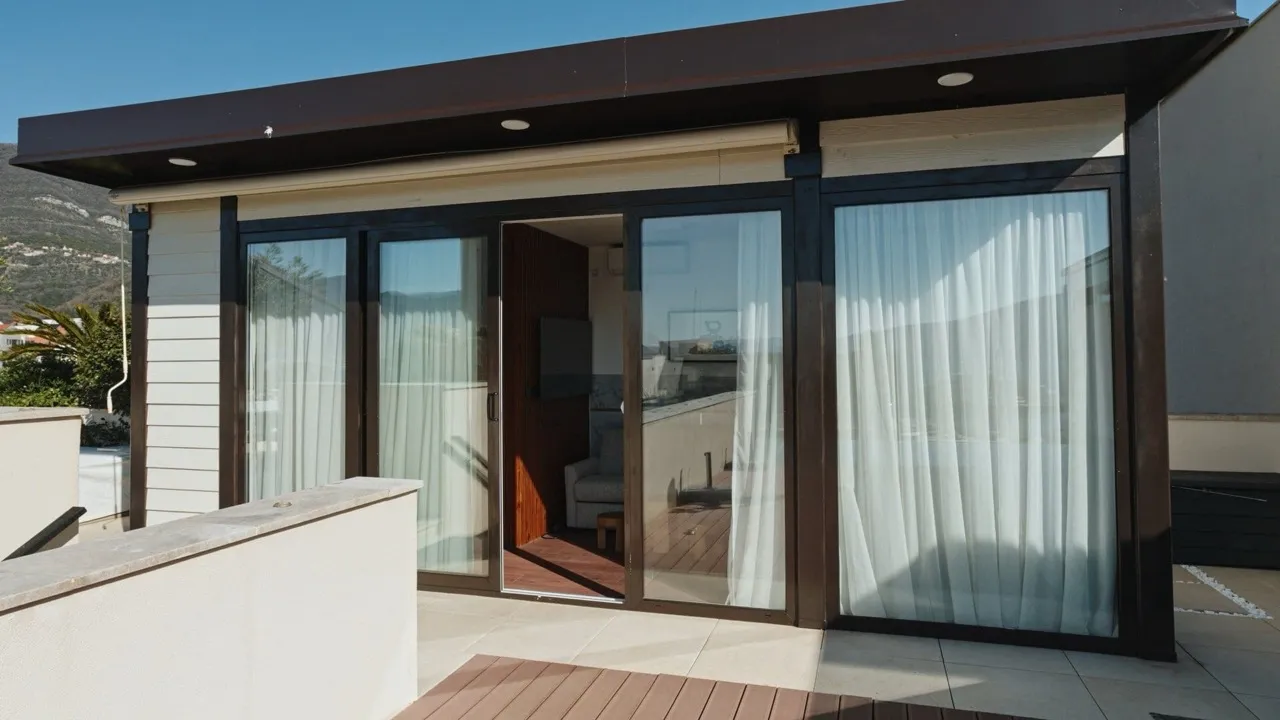 Terrasse mit Panoramafenstern und Bergblick in einer Wohnung in Porto Montenegro, Tivat, Montenegro.