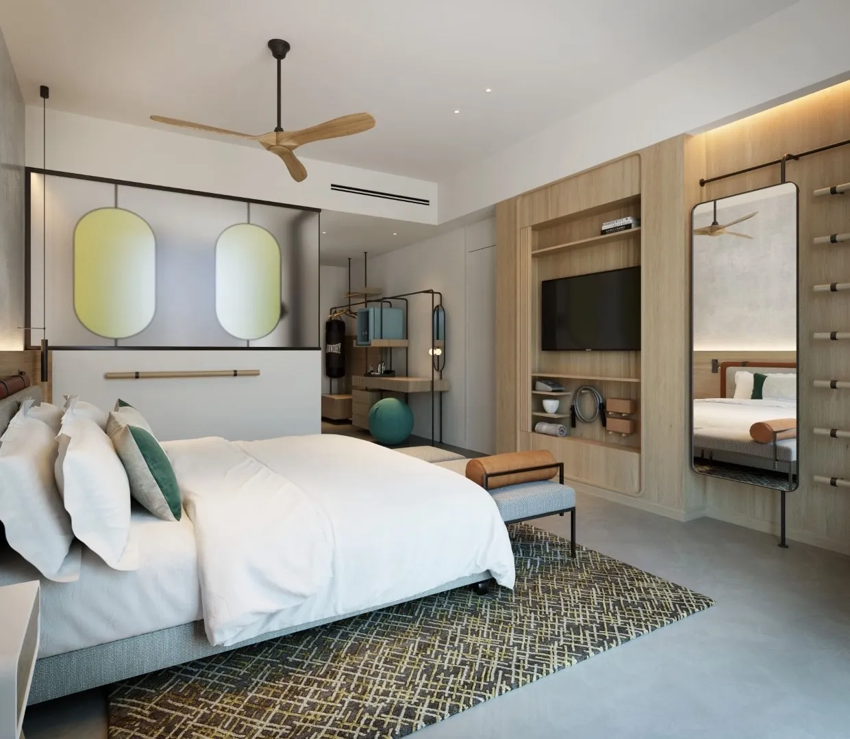 Ein modernes Schlafzimmer mit großem Bett, TV-Möbel, Fitnessspiegel und Holzdetails.