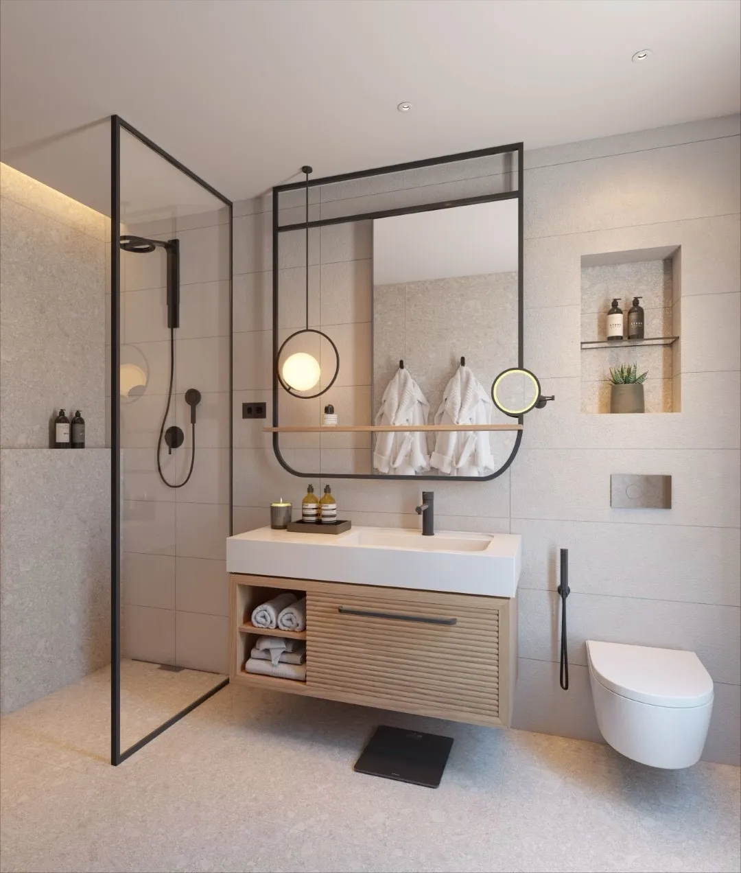 modernes Badezimmer mit Duschkabine, Waschbecken und Toilette