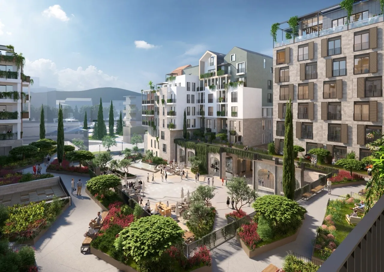 Moderner Wohnkomplex in Porto Montenegro, Tivat: gepflegtes Gelände mit Garten und Spazierbereich, Montenegro