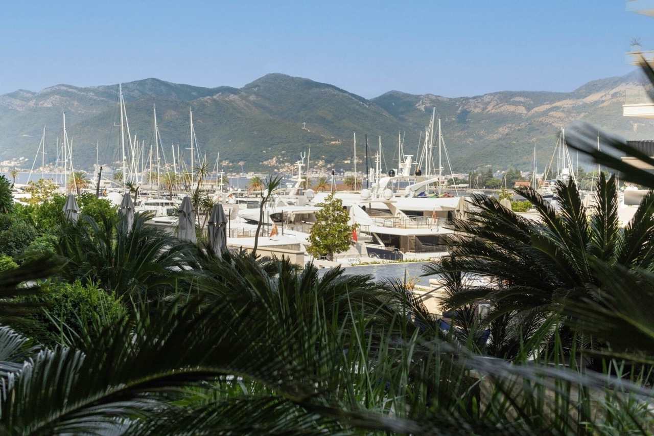 Pogled sa balkona stana u Porto Montenegru, Tivat, Crna Gora: panorama jahte marine, palme i planinski pejzaž.